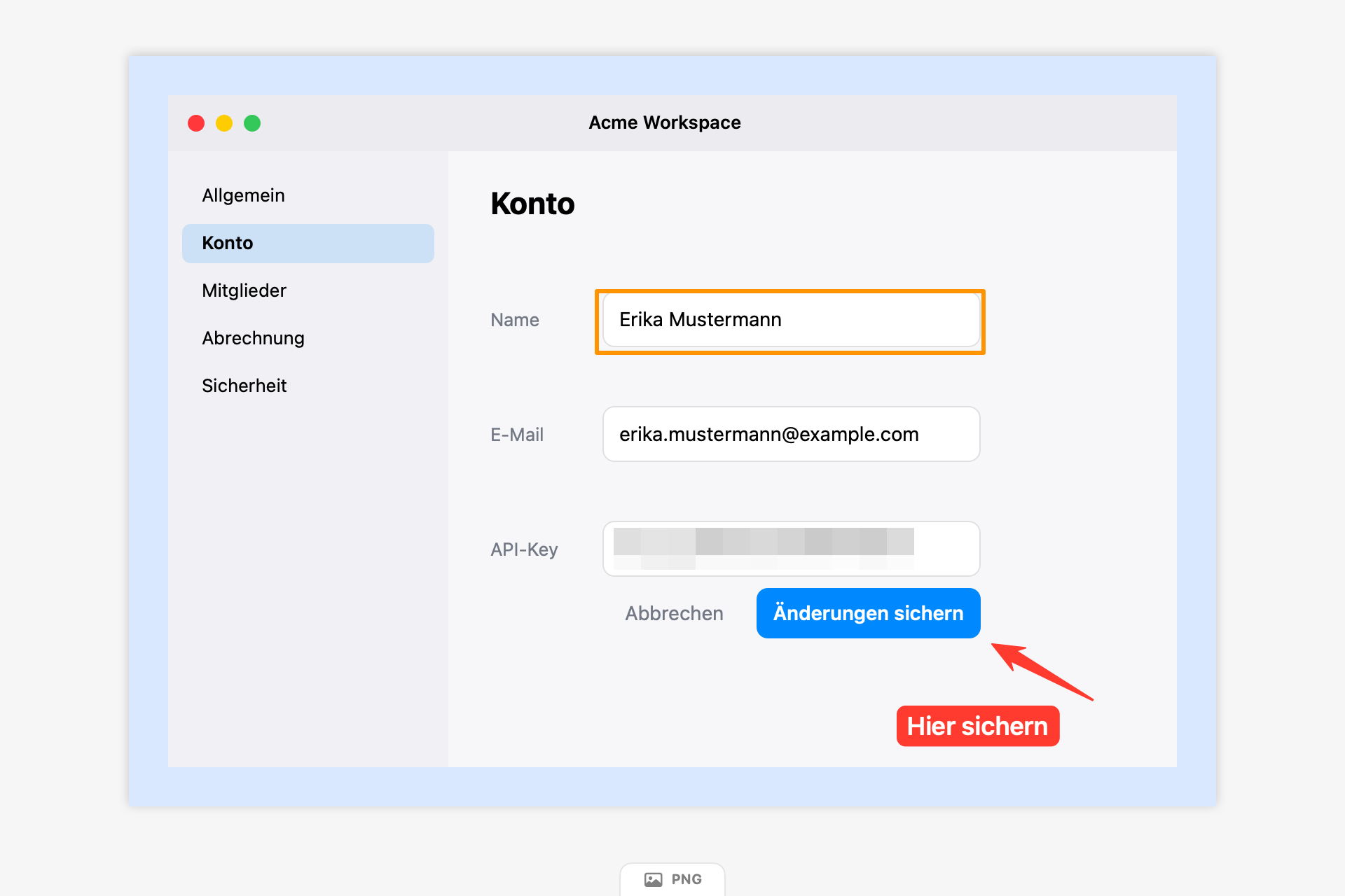 Der Stift-Editor mit Pfeil, Textetikett, markiertem Eingabefeld und verpixeltem API-Key auf einem Bildschirmfoto.