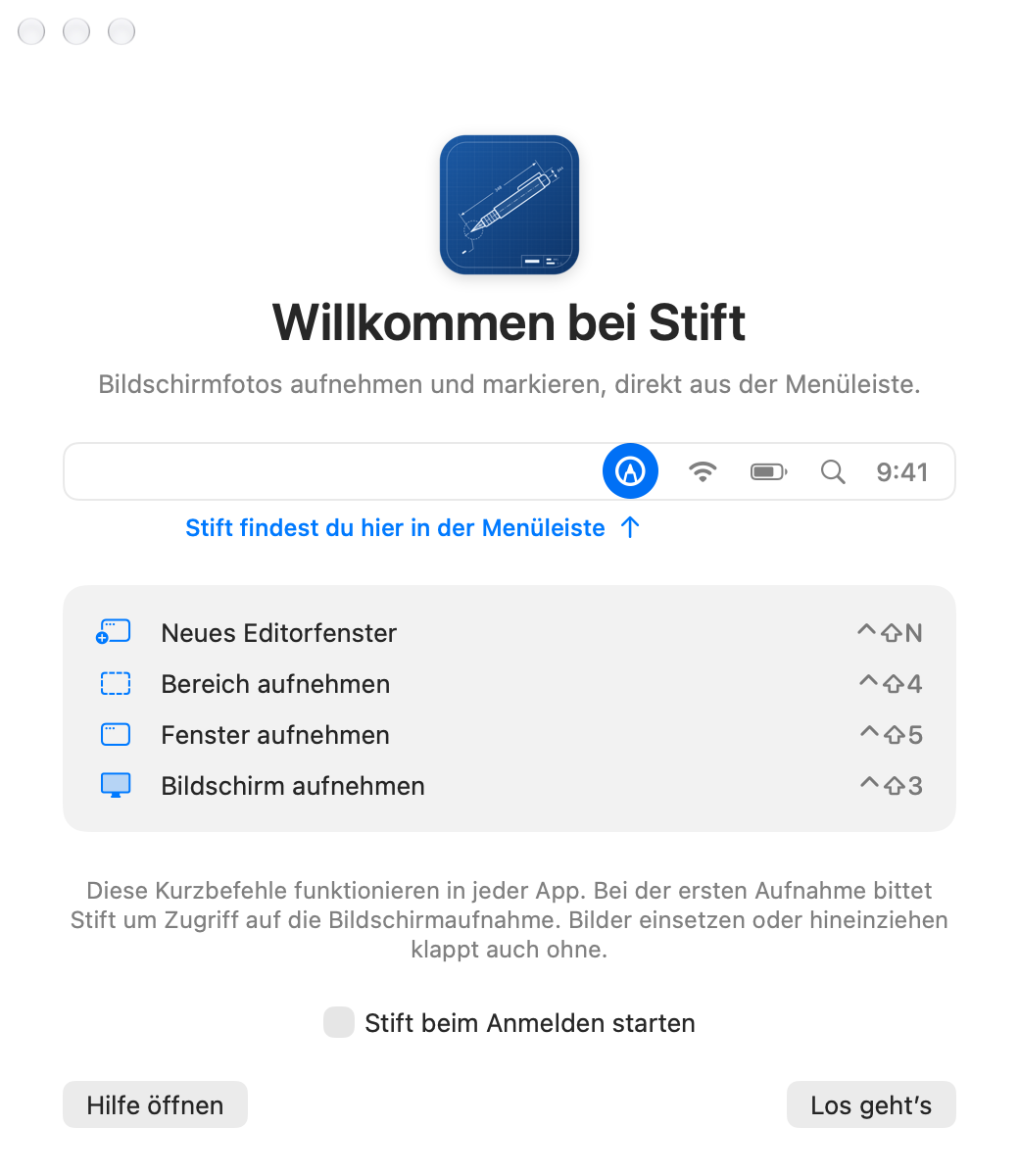 Das Willkommensfenster von Stift zeigt, wo die App in der Menüleiste sitzt, und listet die Kurzbefehle.